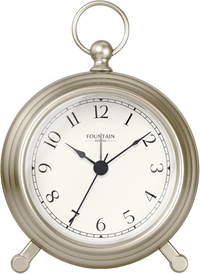 Jensen Pocket Watch Analog Alarm Clock for Bedroom,Silent Non Ticking,Desk & Shelf Mantel Clock for Living Room Decor,Morning Silver, 5.4"(H) x 4.5"(W)