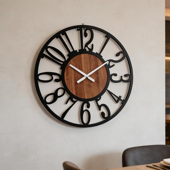 Industrial Modern Vintage Wood Wall Clock with Iron Frame & Artful Cutout Numerals, Non Ticking Battery Operated, Decorative for Farmhouse Living Room Office Kitchen Home Décor, 16 Inch