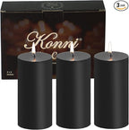 KONNI Black Pillar Candles Set of 3, 3"x 6" Unscented Pillar Candles Bulk, 56 Hours Long Burning Candles, Smokeless&Dripless Large Round Candle for Wedding, Home Decoration, Parties, Spas, Dinner