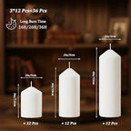 36 Pcs White Pillar Candles Bulk Set，3 Different Lengths 2 x 3/4/6 Inch (12 Each)，Hurricane Candles，Dripless Unscented Smokeless，Gives You a Better Atmosphere When Organizing an Event Party.
