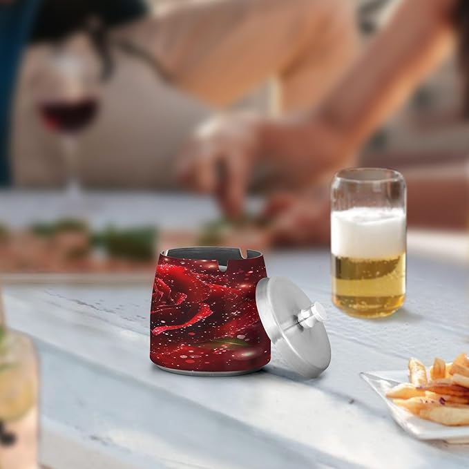 Rose Glitter Ashtray with Lid, Outdoor Ashtrays for Patio, Stainless Steel Ashtray Odorless Smokeless for Home Office Balcony