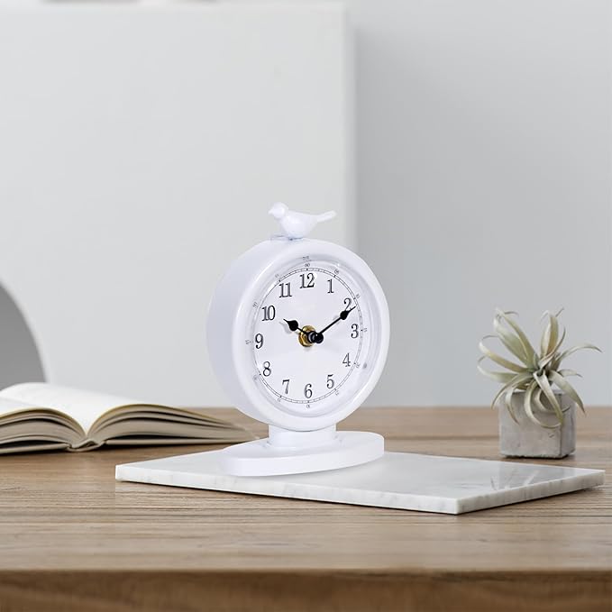 Mantel Clock, Classic Vintage Clocks and Decorative Shelf Decor, Silent Analog Desk Clocks with Light Vintage Metal Table Clock for Living Room Shelf Bedside Home Decor (White)