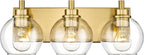 Bathroom Light Fixtures, 3-Light Brushed Gold Vanity Light, Modern Wall Sconces with Clear Glass Globe Shade, Bathroom Wall Lights for Mirror Kitchen Bedroom Hallway Living Room, VL195-GD-3