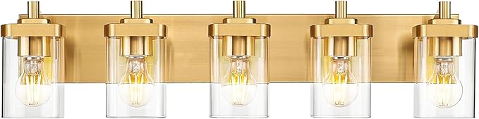 Bathroom Light Fixtures, 30" Brushed Gold Vanity Light, 5-Light Modern Wall Sconces with Square Clear Glass Shade, Vanity Lighting Fixtures Over Mirror, VL194-BG-5