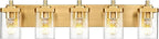 Bathroom Light Fixtures, 30" Brushed Gold Vanity Light, 5-Light Modern Wall Sconces with Square Clear Glass Shade, Vanity Lighting Fixtures Over Mirror, VL194-BG-5