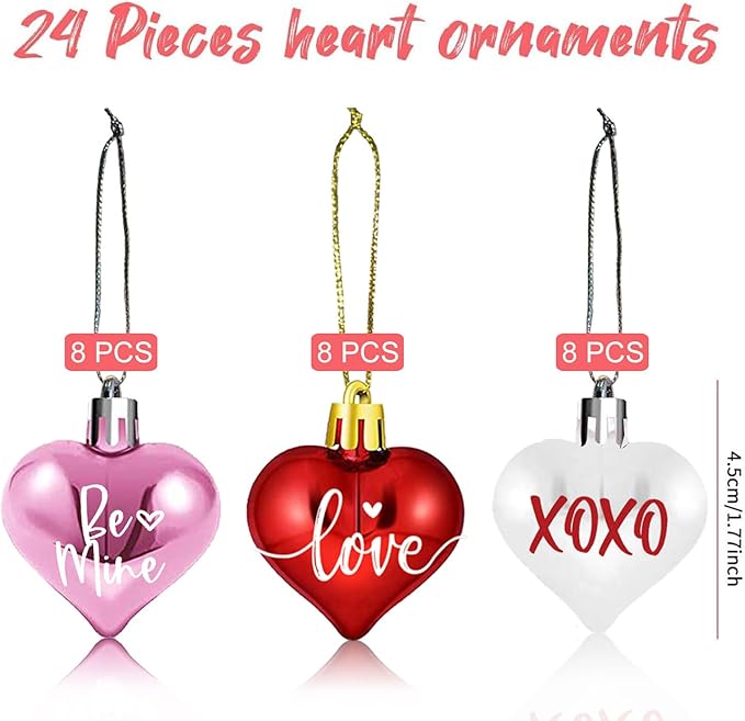 Valentines Tree Decorations, 24 Pcs Heart Ornaments for Christmas Tree, Mini Day Small Conversation Ornaments, Red Pink White Plastic