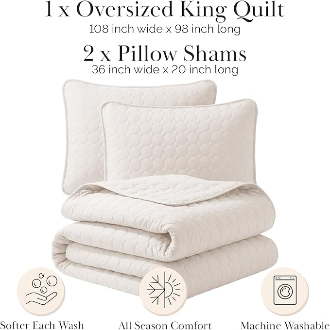 Southshore Fine Living, Inc. Quilted Summer Comforter, King Size Quilt Bedding Set with 2 Pillow Shams, Geometric Circle Design, Lightweight Bedspread, California/King Size Coverlet, Comfy Soft, Bone