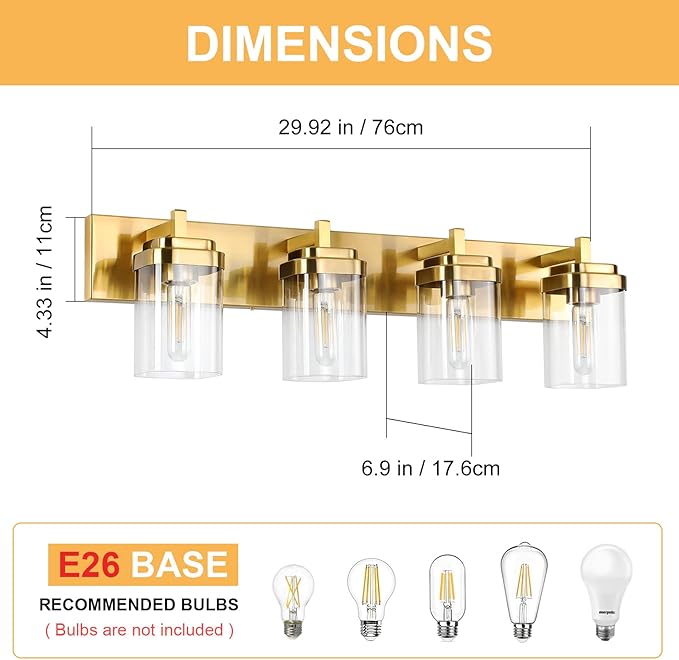 Vanity Light Fixture,4-Light Vanity Light for Bathroom,Brushed Gold Bathroom Vanity Lighting Over Mirror with Square Clear Glass Shade for Restroom
