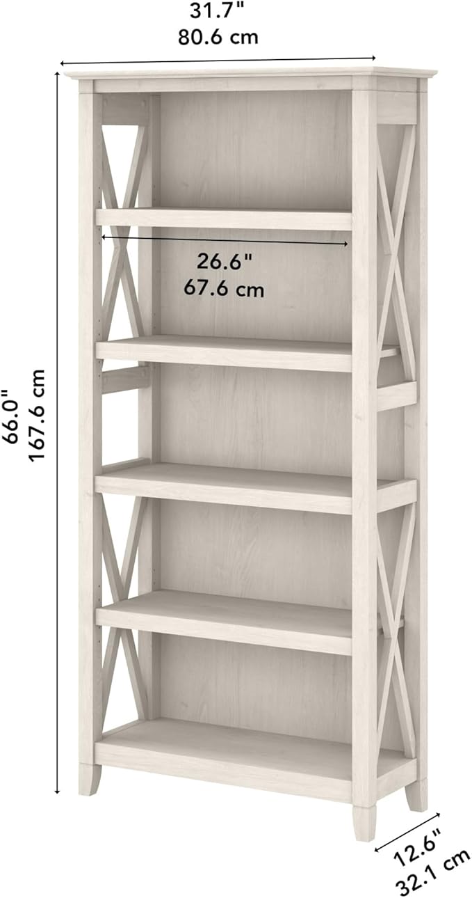 Bush Home Tall 5 Shelf Bookcase for Living Room or Home Office, Large Bookshelf, Modern Farmhouse Style, Key West Collection, Linen White Oak