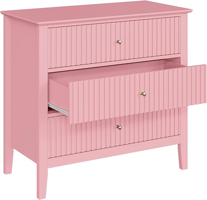Large Pink 3 Drawer Dresser, Painted 30 Inch Tall Wood Nightstand with Storage, Wide Modern Chest of Drawers with Ball Bearing Slide for Bedroom Hallway Living Room Entryway Office