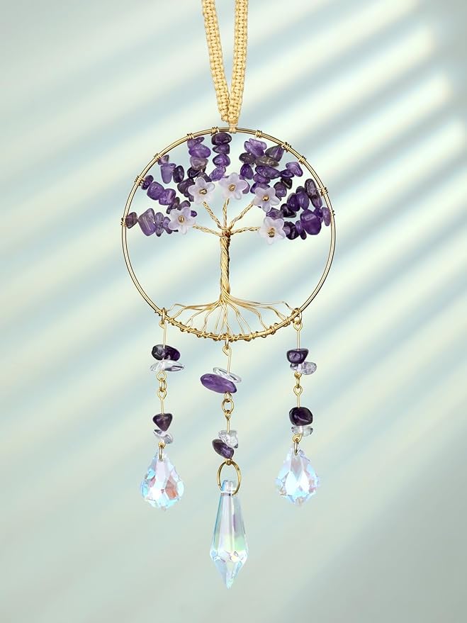 CrystalTears Amethyst Crystal Tree Life Hanging Ornament for Wall Window Home Room Decor, Handmade Feng Shui Healing Crystals Gemstone Glass Suncatcher Car Ornament, Crystal Gifts for Women Christmas