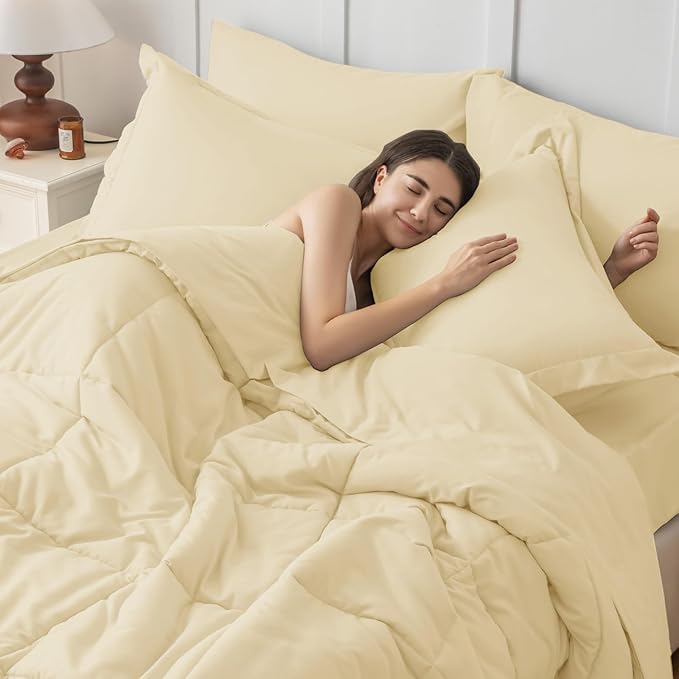 JOLLYVOGUE Queen Comforter Set, Ultra-Soft Bed in a Bag Queen Size 7 Pieces, Oeko-TEX Certified Bedding Set with Down Alternative Comforter, Sheets, Pillowcases & Shams, Light Yellow