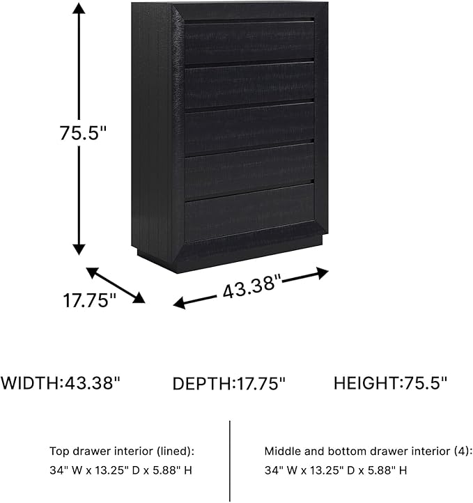Signature Design by Ashley Londer Casual 5-Drawer Chest of Drawers with Safety Stop and Felt Lined, Black