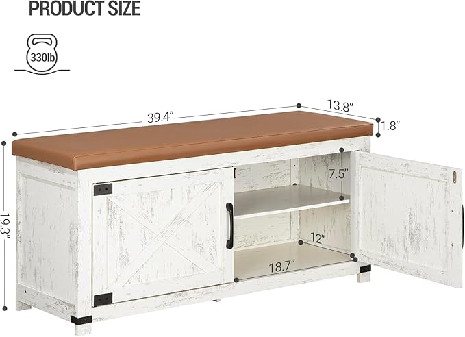 Shoe Storage Bench, 2 Tier Shoe Bench with Padded Seat Cushion & 2 Barn Doors, Entryway Bench with Adjustable Shelf, Farmhouse Shoe Cabinet for Living Room, Bedroom, Antique White SB26614KA