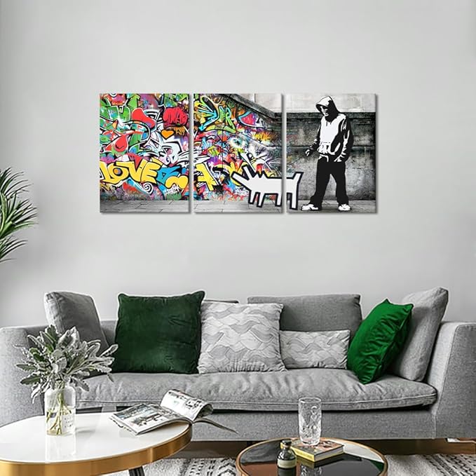 Novatique Banksy Wall Art Colorful Graffiti Canvas Wall Art Street Canvas Print Painting Street Cool Art Picture Decor Modern Graffiti Decor for Men Bedroom Living Room, 12" x 16" x 3Pcs