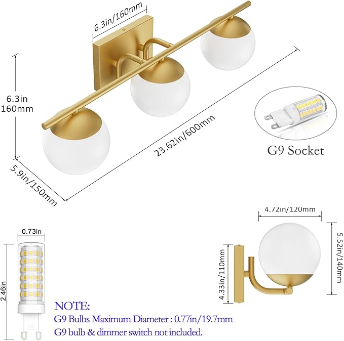 Ralbay Gold Vanity Lights - 3-Light Mid Century Modern Bathroom Wall Lights with Milky Glass Globe