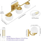 Ralbay Gold Vanity Lights - 3-Light Mid Century Modern Bathroom Wall Lights with Milky Glass Globe