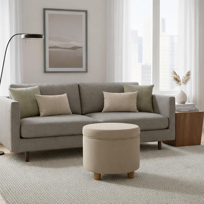 HomePop Home Decor | Upholstered Round Storage Ottoman | Ottoman with Storage for Living Room & Bedroom, Fawn Gray Velvet, Large