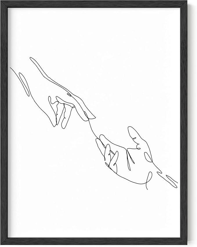 Minimalist Reaching Hands Wall Art Continuous Line Drawing Connection Symbol 12x16 Inch Oak Wood Black Framed Aesthetic Modern Decor Print for Bedroom Living Room