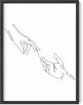 Minimalist Reaching Hands Wall Art Continuous Line Drawing Connection Symbol 12x16 Inch Oak Wood Black Framed Aesthetic Modern Decor Print for Bedroom Living Room