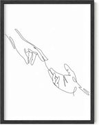 Minimalist Reaching Hands Wall Art Continuous Line Drawing Connection Symbol 12x16 Inch Oak Wood Black Framed Aesthetic Modern Decor Print for Bedroom Living Room