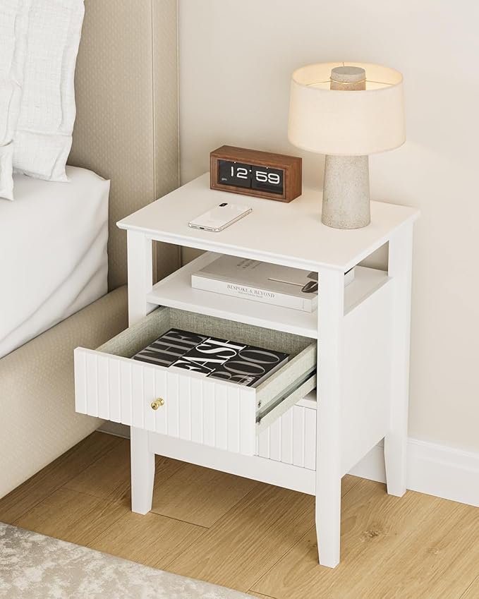Fluted Nightstand, Farmhouse Night Stand with 2 Drawers, Mid Century Modern Side Accent Table,Bedside End Table for Bedroom, Living Room, White