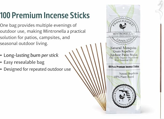 Farm Raised Candles Mintronella Citronella & Peppermint Mosquito Repellent Incense Sticks – 100 Pack – USA‑Made Natural Bug & Insect Repellent – Outdoor Camping, Patio Decor – No‑See‑Um & Gnats, Fly's