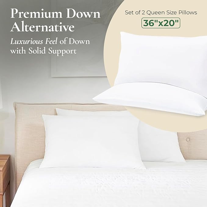 Fern and Willow King Size Bed Pillows - Set of 2, 36"x20" - Luxurious Ultra-Soft Cooling Pillow - Hotel Quality, Down Alternative Fill - Ideal Gift for Side, Back & Stomach Sleepers