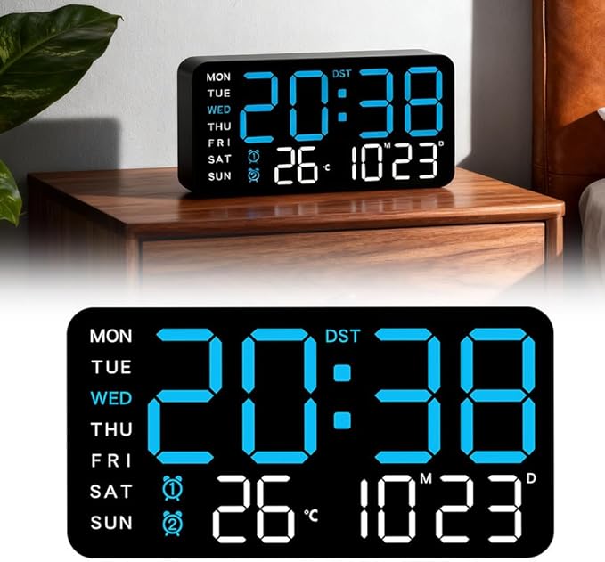 Multifunctional Decorative Led Digital Wall Clock,Large Digital Clock Shows Time,Date,Temperature,Auto Brightness Adjustment,Dual Alarms,Electronic Clock for Livingroom (Blue lamp with black shell)