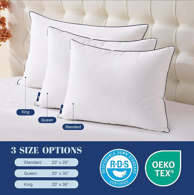 Feather Down Pillows Queen Size Set of 2, Luxury Hotel Collection Bed Pillow 2 Pack, Airyfil™ Powered Fillings & Feathers Pillow，Fluffy Plush for Side Sleepers,Firm, 20x30 in.
