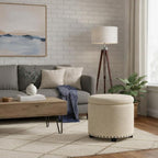 HomePop Home Decor | Upholstered Round Storage Ottoman with Nailheads| Ottoman with Storage for Living Room & Bedroom, Cream Woven
