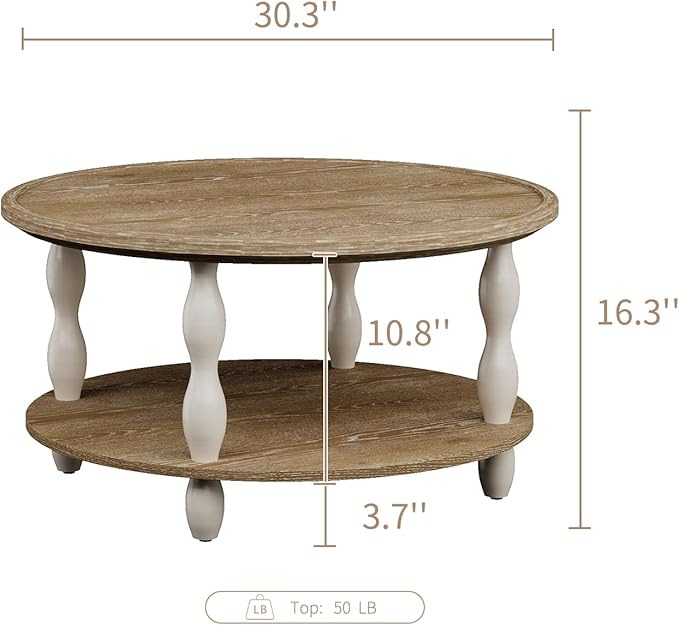 karlott Round Coffee Table, 30.3" Coffee Tables for Living Room, Solid Wood Veneer 2-Tier Center Table with Storage Shelf, Pine Leg, Boho Rustic Farmhouse Coffee Table for Living Room, Easy Assembly