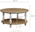 karlott Round Coffee Table, 30.3" Coffee Tables for Living Room, Solid Wood Veneer 2-Tier Center Table with Storage Shelf, Pine Leg, Boho Rustic Farmhouse Coffee Table for Living Room, Easy Assembly