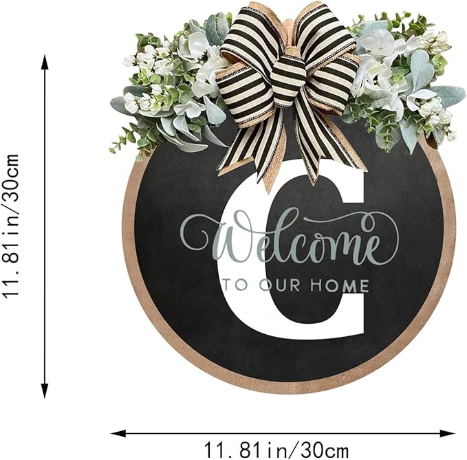 Circular Surname Front Door Welcome Sign - 26 Letter House Wreath, Front Porch Decorations, Year-Round Home Decor (C)