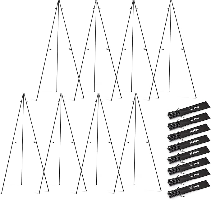 Nicpro Black Easel Stand for Sign, 8 Pack 63" Metal Portable Adjustable Collapsible Easels for Display, Painting, Poster, Wedding Sign with Carry Bag