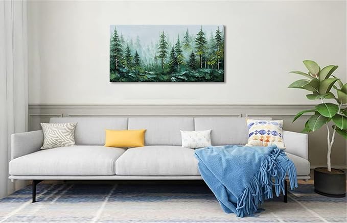 Alenoss Hand Painted Modern 3D Abstract Oil Painting 24x48 Inches Large Forest Landscape Textured Canvas Wall Art Green Artwork for Wall Decoration