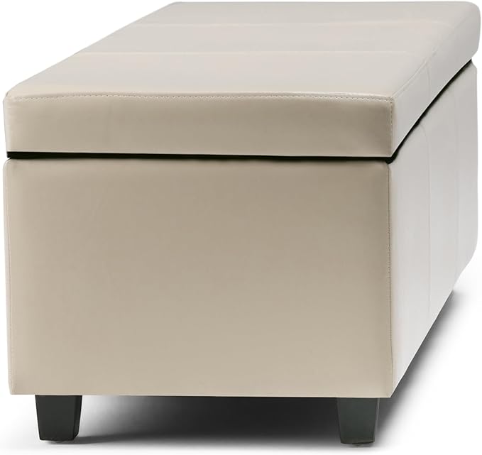 SIMPLIHOME Avalon Storage Ottoman Bench - 48 inch Wide Upholstered Vegan Leather Rectangular Lift-Top Ottoman in Satin Cream, Contemporary Storage Bench for Living Room with High-Density Foam