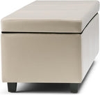 SIMPLIHOME Avalon Storage Ottoman Bench - 48 inch Wide Upholstered Vegan Leather Rectangular Lift-Top Ottoman in Satin Cream, Contemporary Storage Bench for Living Room with High-Density Foam