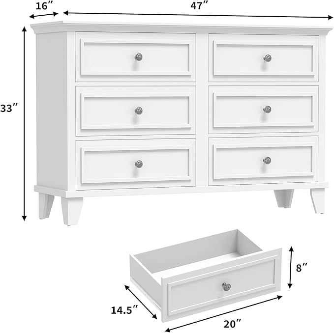 GarveeHome Farmhouse White Dresser for Bedroom with 6 Drawer, Double Dresser TV Stand with Vintage Handle, Wide Wood Dressers & Chests of Drawers, 6 Drawer Dressers for Bedroom, Living Room, Hallway