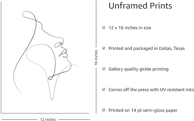 Y2K BOO Minimalist Woman Profile UNFRAMED Wall Art Upward Gaze Continuous Line Drawing Feminine Face 12x16 Inch Heavyweight Paper Studio Decor