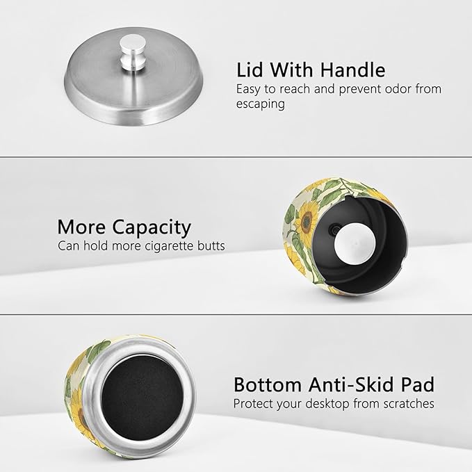 Sunflower Ashtray with Lid, Outdoor Ashtrays for Patio, Stainless Steel Ashtray Odorless Smokeless for Home Office Balcony