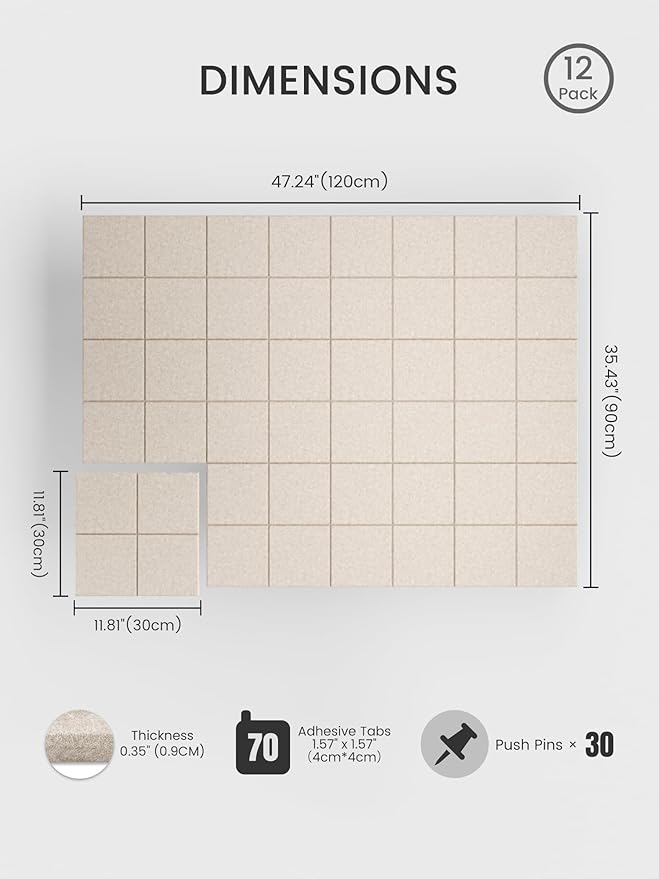 Bumusty Large Felt Bulletin Board, 48" x 36" Cork Board Alternative, 12-Pack Wall Tiles with 4-Compartment Design, 30 Push Pins, 70 Adhesive Tabs, Ideal for Office & Home Decor, Oatmeal