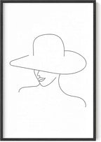 Y2K BOO Elegant Woman in Hat UNFRAMED Wall Art Minimalist Feminine Profile Continuous Line Drawing 24x36 Inch Heavyweight Paper chic Studio Decor