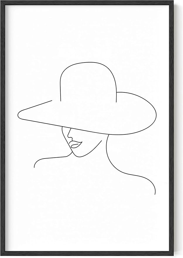 Y2K BOO Elegant Woman in Hat UNFRAMED Wall Art Minimalist Feminine Profile Continuous Line Drawing 24x36 Inch Heavyweight Paper chic Studio Decor
