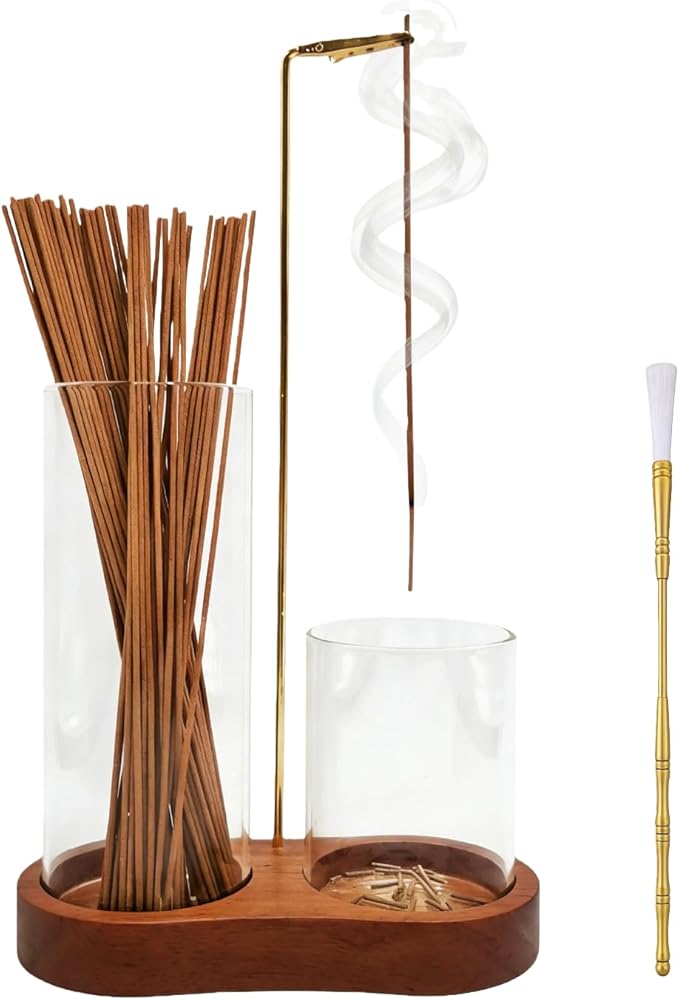 2 in 1 Glass Incense Holder for Sticks, Wooden Base Incense Burner with Metal Brush for Meditation Yoga Spa Office Home Decor Gifts(Brown,Natural Wood Color) (Brown)