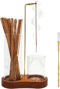 2 in 1 Glass Incense Holder for Sticks, Wooden Base Incense Burner with Metal Brush for Meditation Yoga Spa Office Home Decor Gifts(Brown,Natural Wood Color) (Brown)