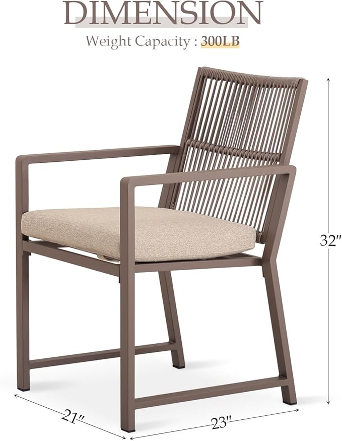 Aluminum Outdoor Patio Dining Chairs - Imitation Rope Vine Chair Ergonomic Backrest Design Detachable Seat Cushion Soft and Breathable Garden Porch Light Brown Set of 6