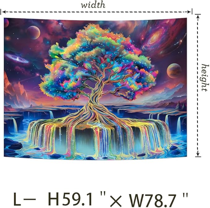 Obsecolors Blacklight Tree of Life Tapestry UV Reactive Waterfall Tapestry Galaxy Space Aesthetic Tree Wall Tapestries Colorful Starry Sky Tapestries Wall Hanging for Bedroom