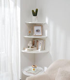 Corner Wall Shelves, White Floating Corner Shelf, Set of 2 16inch Solid Oak Wood Shelves, Round End Wall Mount Display Shelf with Wire Hole for Small Plant for Bedroom Kitchen, Living Room
