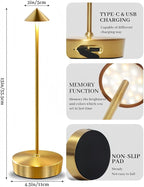2 Packs Gold Cordless Rechargeable Table Lamp 7200mAh Portable Touch Control Led Waterproof Golden Table Lamp for Bedroom Reading